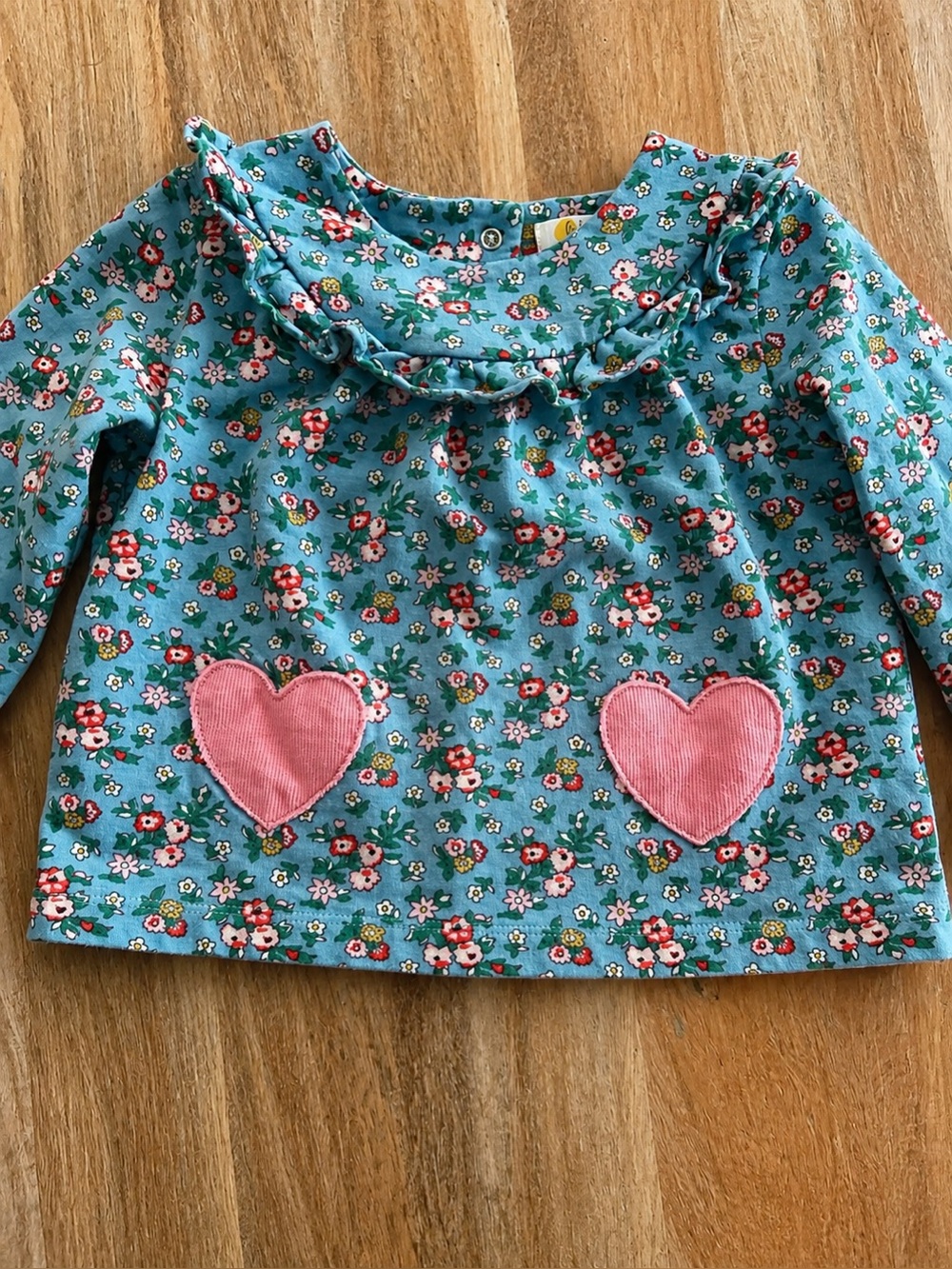 Mini Boden Baby Girls Floral Top 18-24 Months Blue Pink Hearts Long Sleeve Ruffl